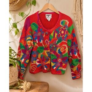 Colorful Chunky Vintage Cardigan Sweater Cottage Core Art Teacher Size Large